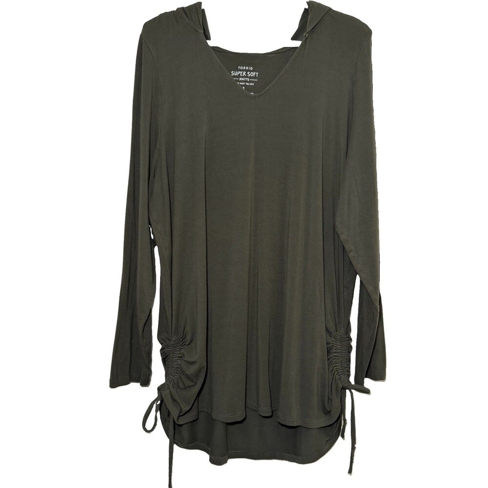 Torrid Super Soft Hooded Tunic Top Size 3 Olive Green Ruched Drawstring Plus